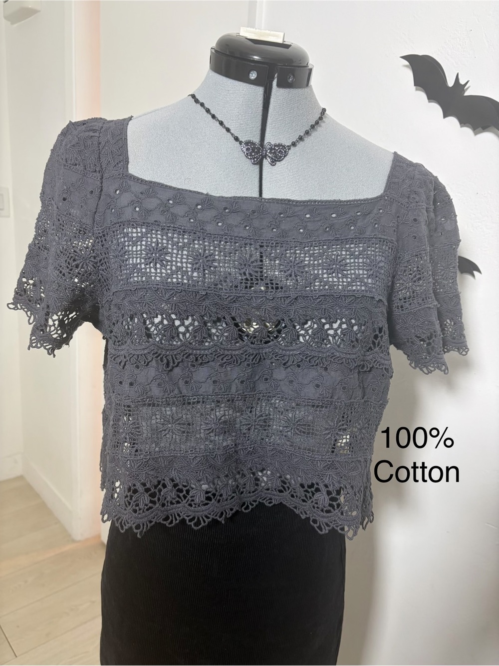 Free People 100% CottonGray Crochet Lace Square Neck Crop Top Medium